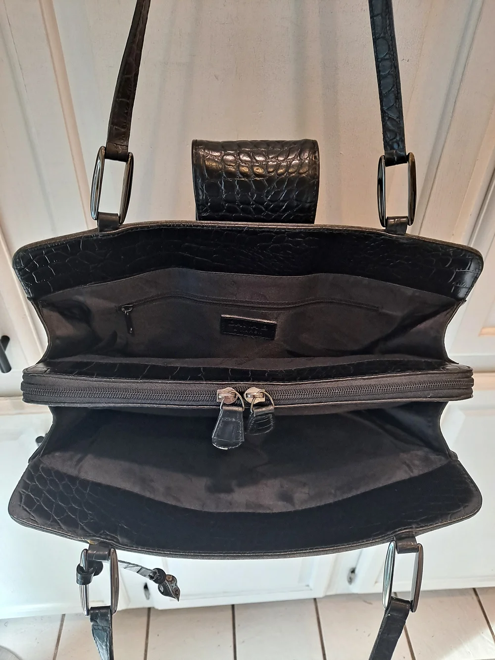 Dana B + Karen Gray Fabric Black Leather Trim Functional Modern Shoulder Bag